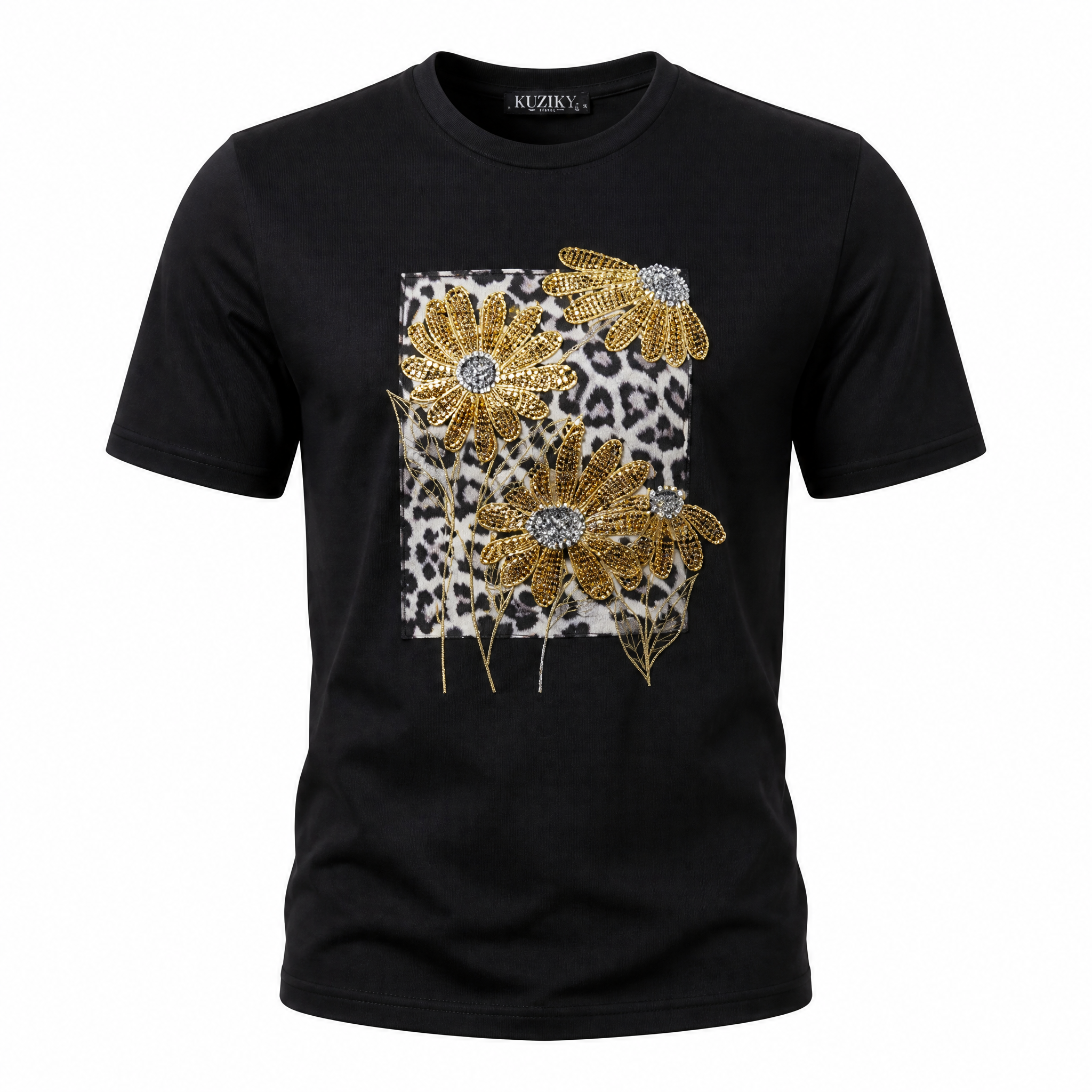 Black t-shirt with gold flower and leopard print motif