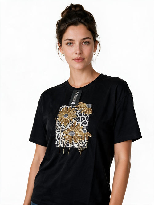 Black t-shirt with gold sequin flowers on leopard print panel