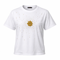 White t-shirt with gold sun motif and crystal detail