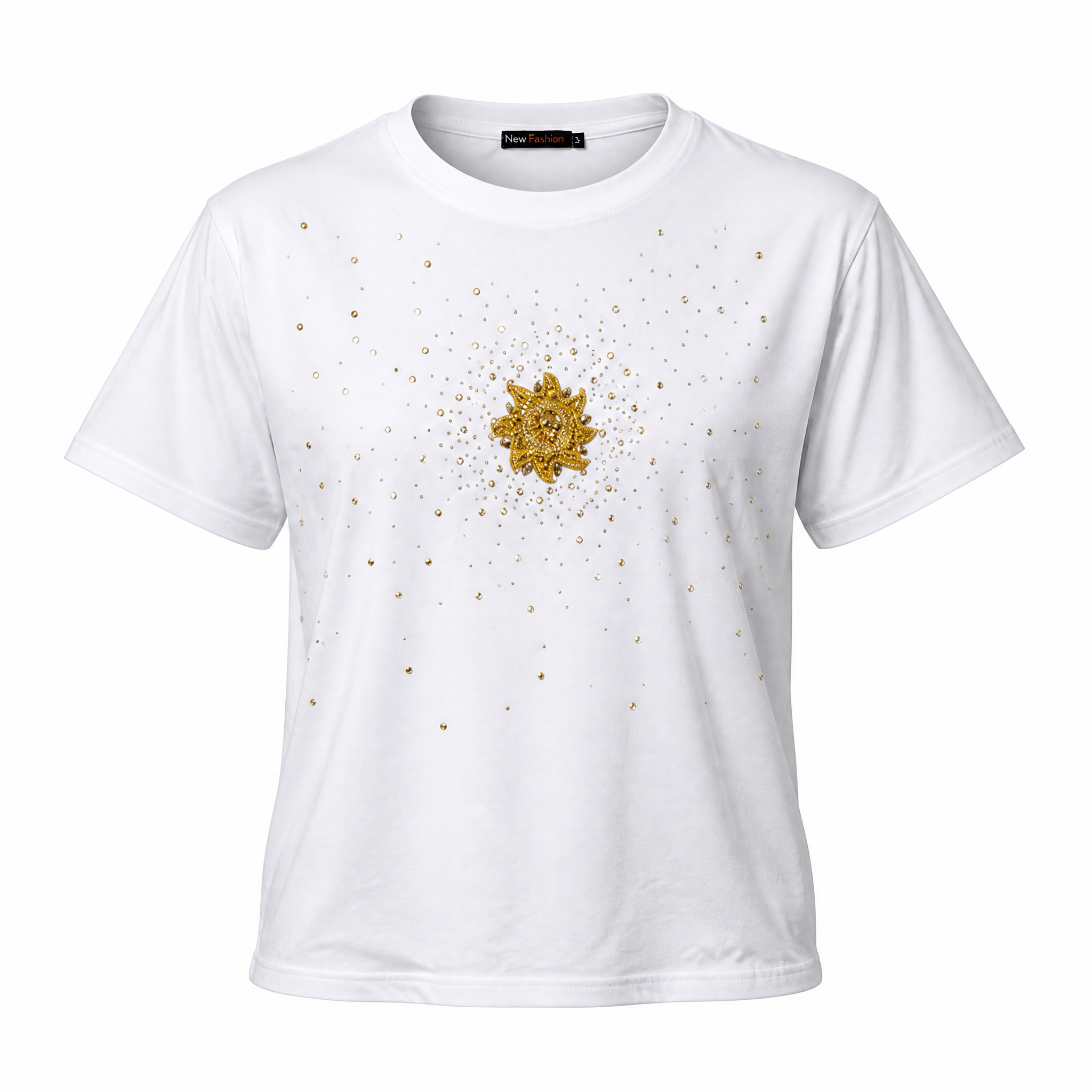 White t-shirt with gold sun motif and crystal detail