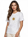 White t-shirt with gold sun motif and studs