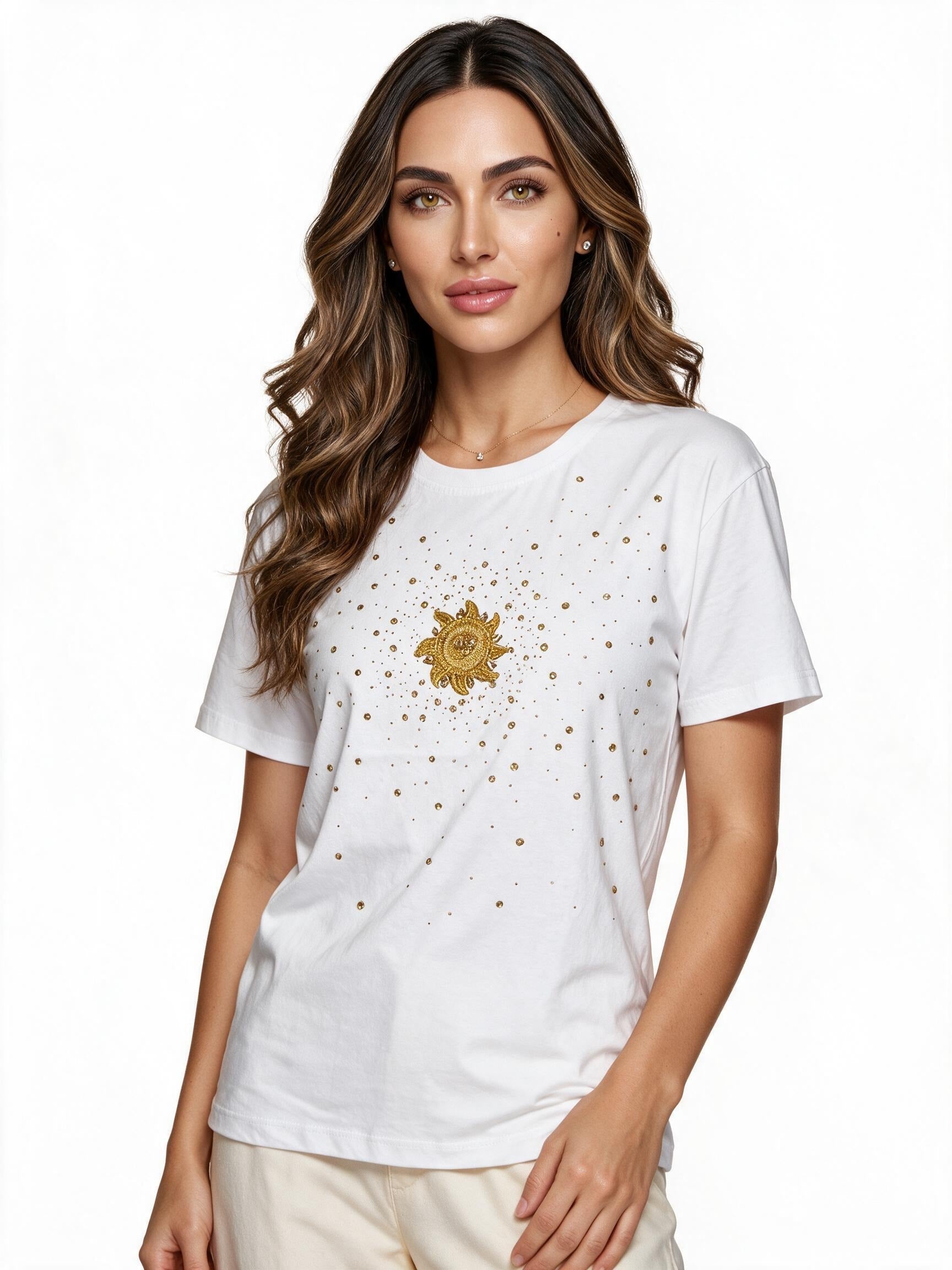 White t-shirt with gold sun motif and studs