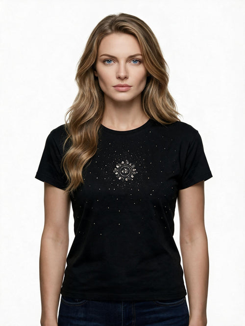 Black t-shirt with crystal sun motif