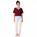 Burgundy layered polo top with blue striped shirt hem