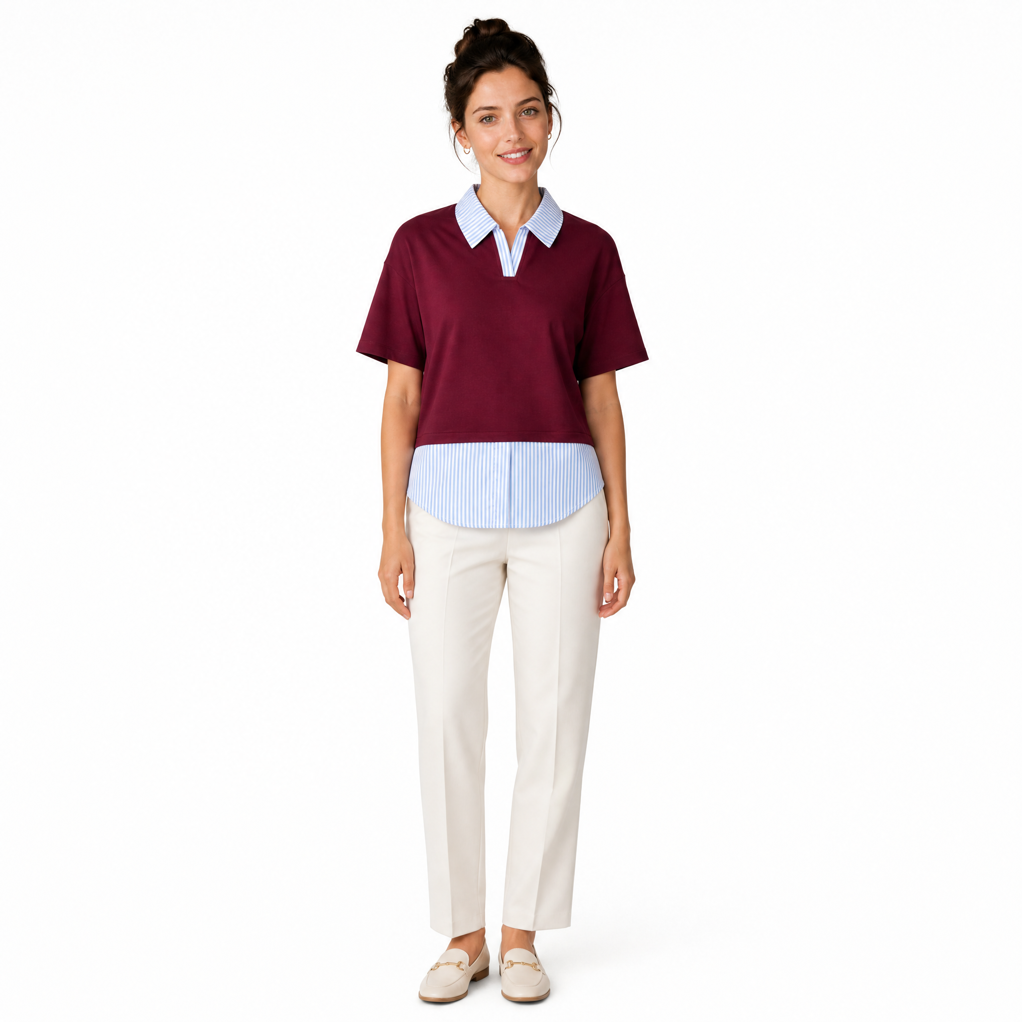 Burgundy layered polo top with blue striped shirt hem