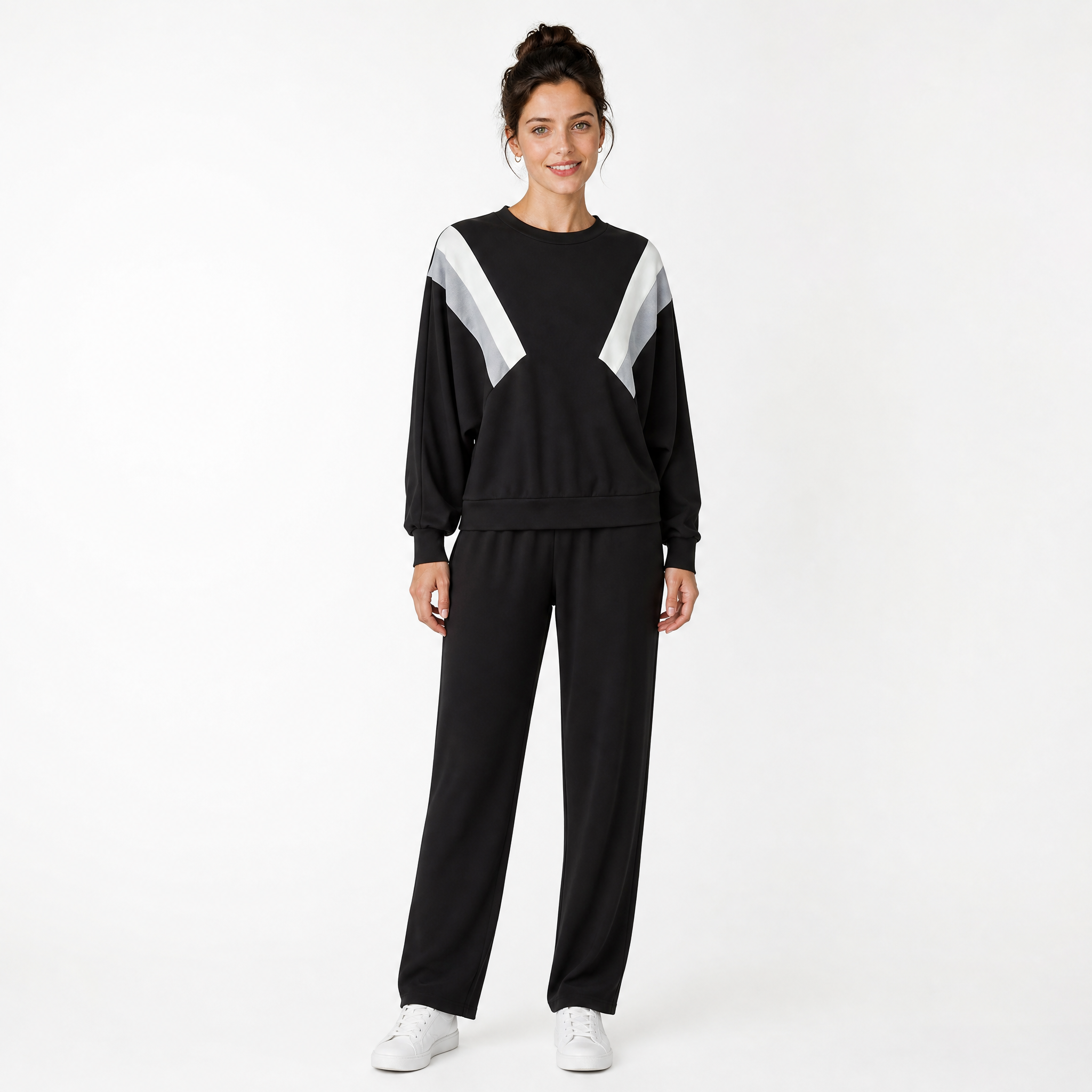 Black colour block sweatshirt and jogger set with white and grey panels