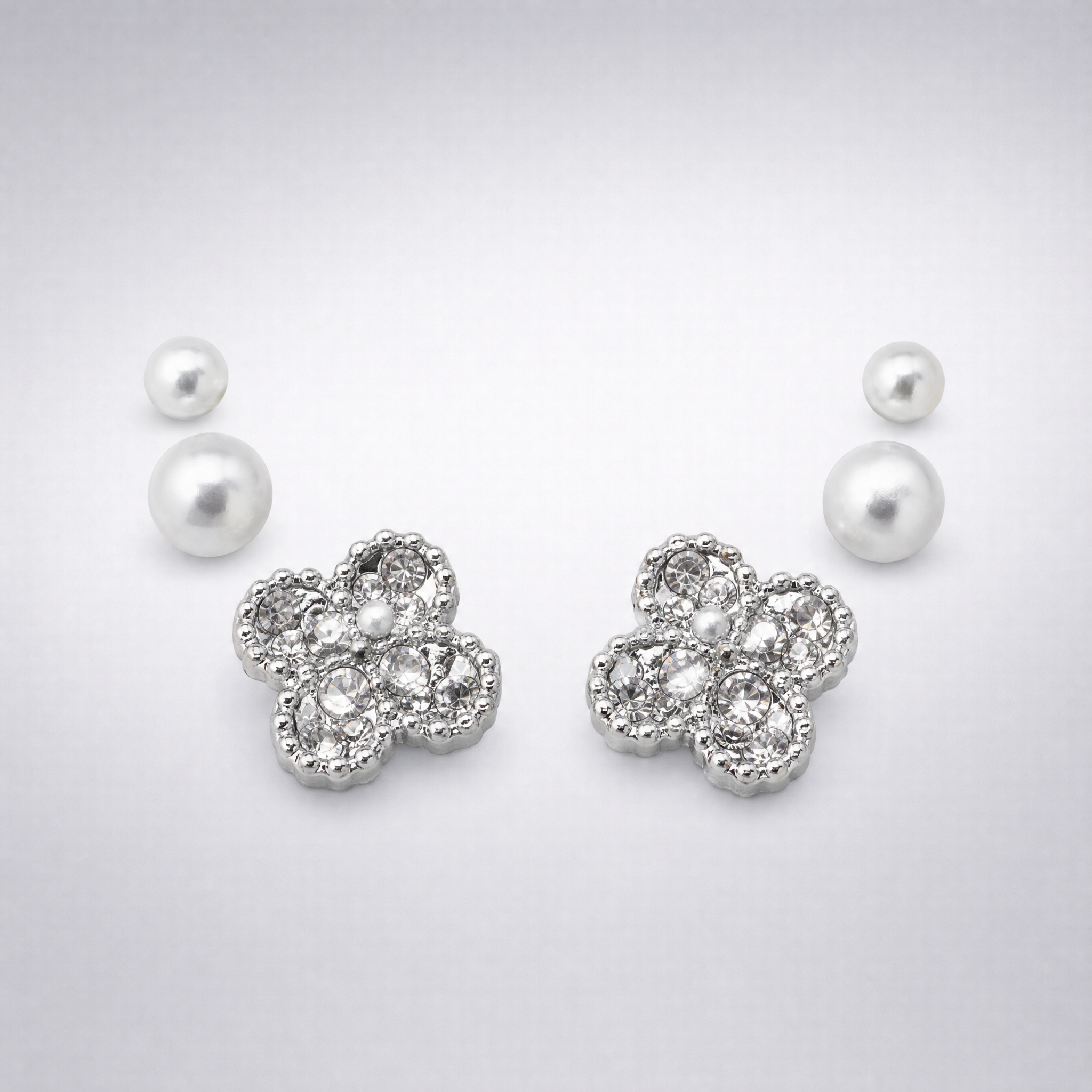 Silver crystal flower & pearl stud earring set, 3 pairs