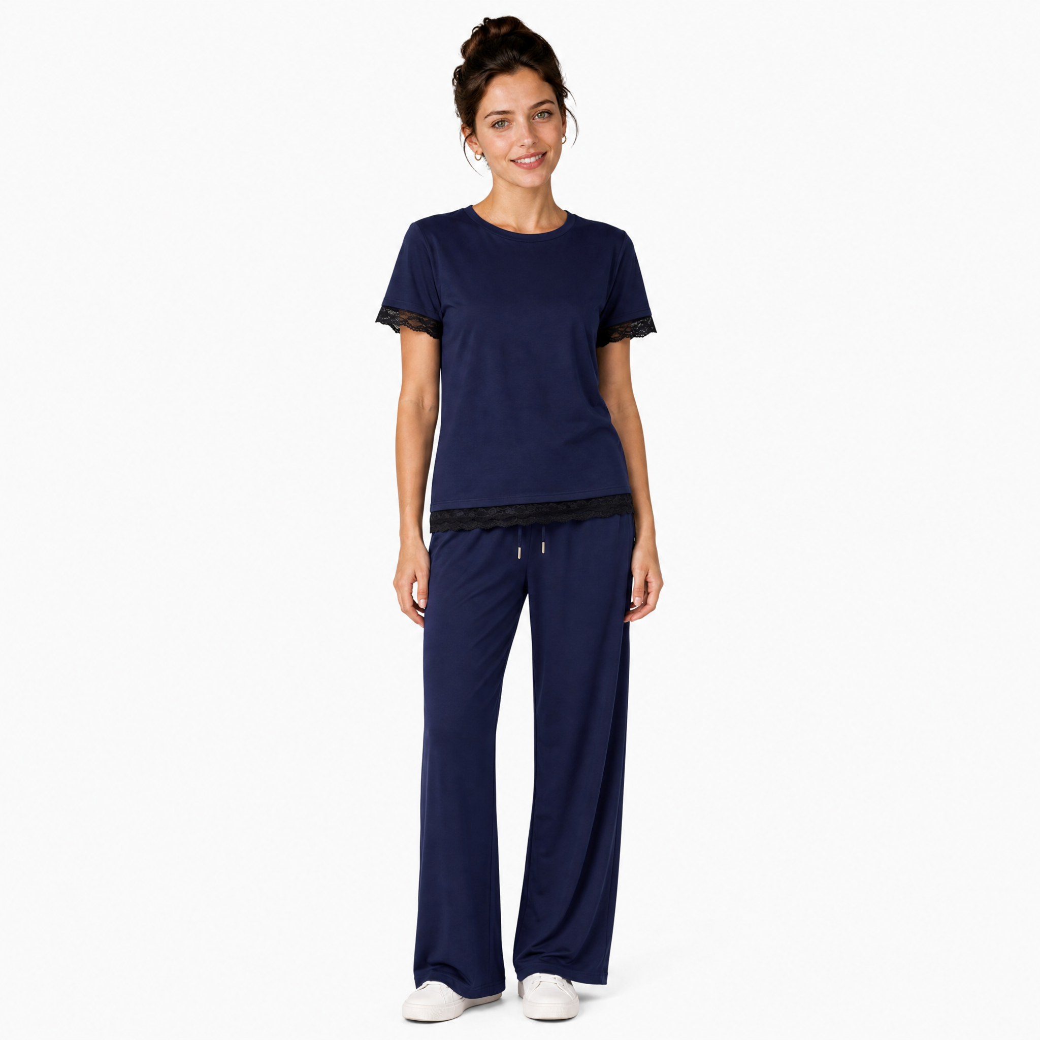Navy lace trim t-shirt and wide leg trouser set