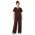 Maroon polo top and wide leg trouser set with striped collar