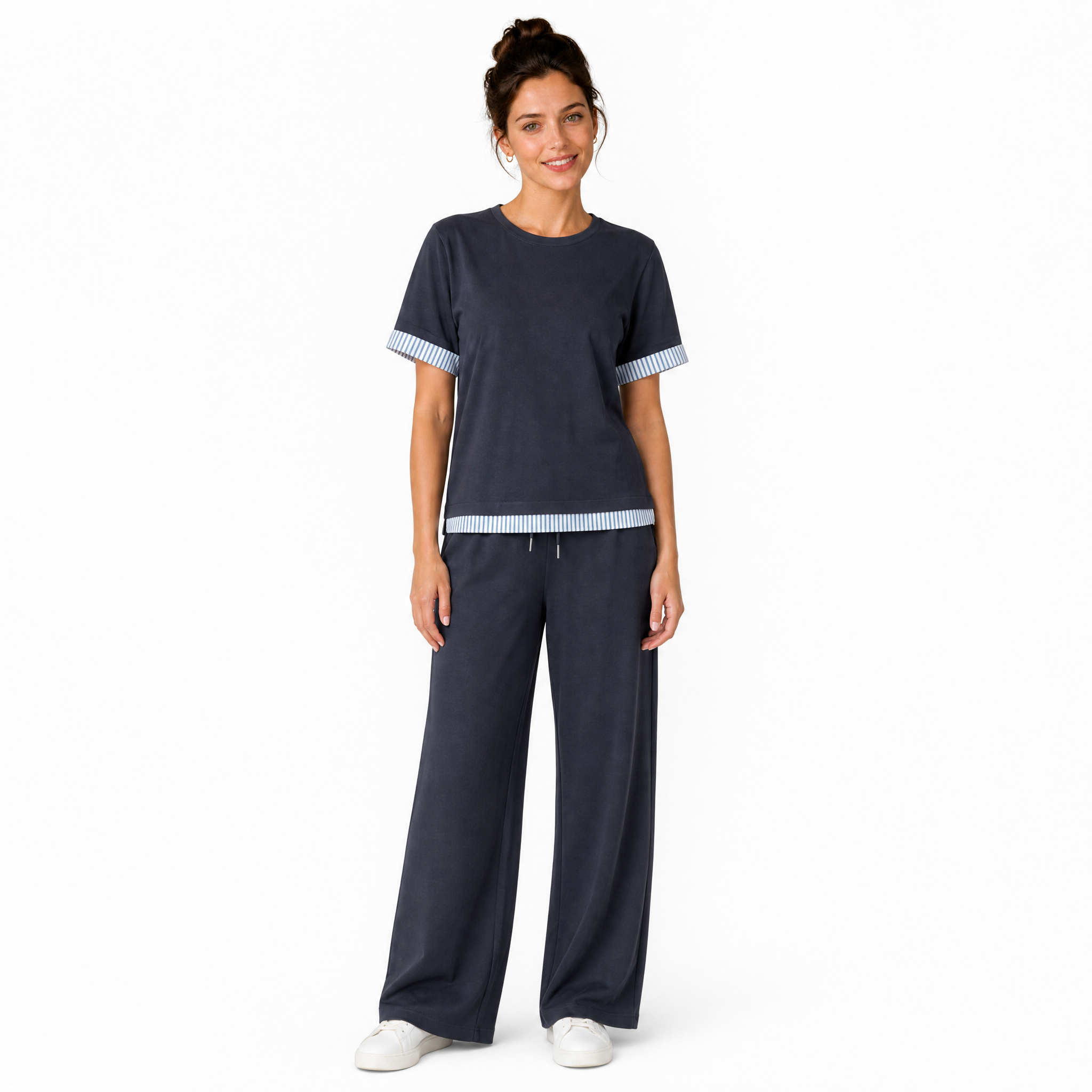Charcoal t-shirt and wide leg trouser set with striped trim