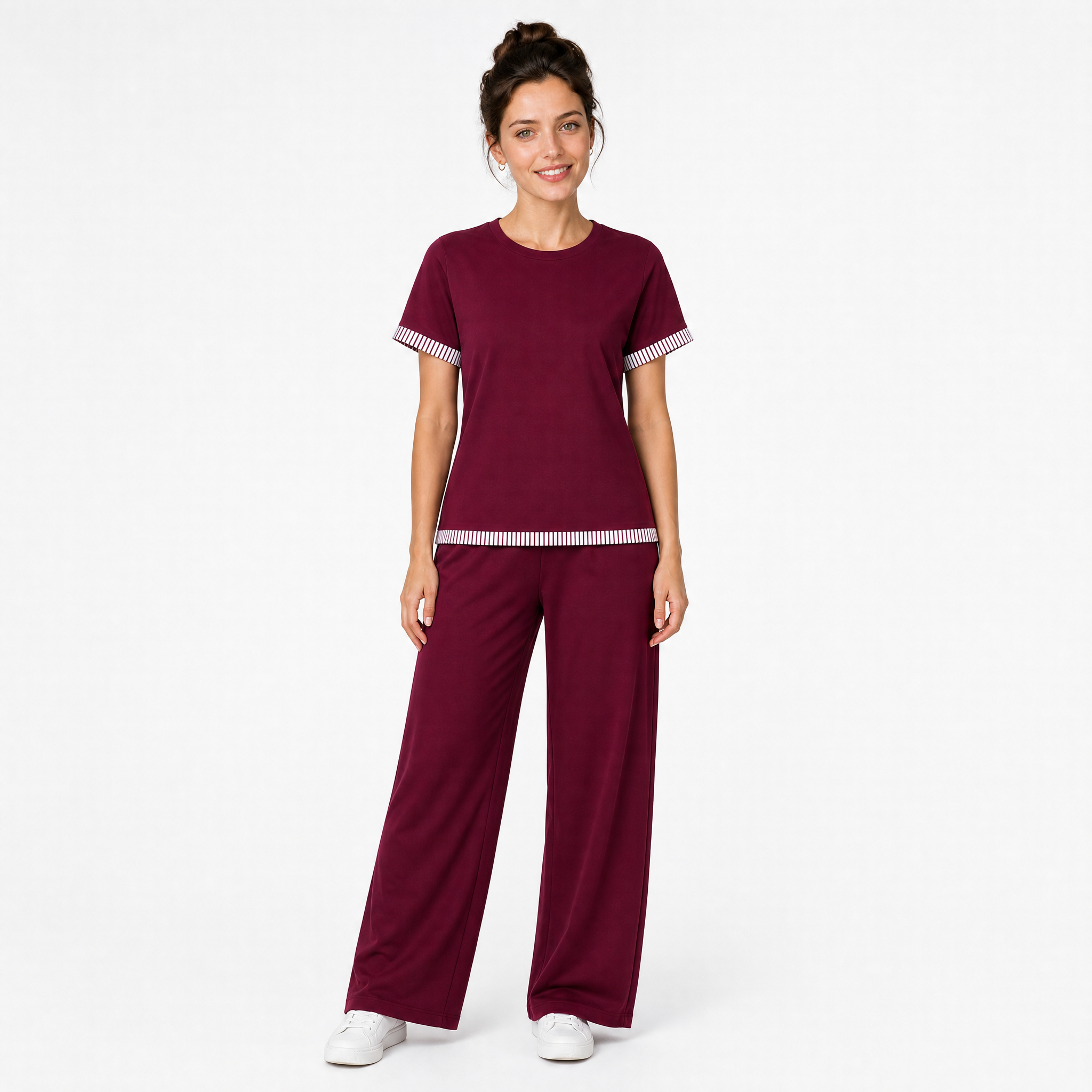 Burgundy t-shirt and wide leg trouser set with striped trim