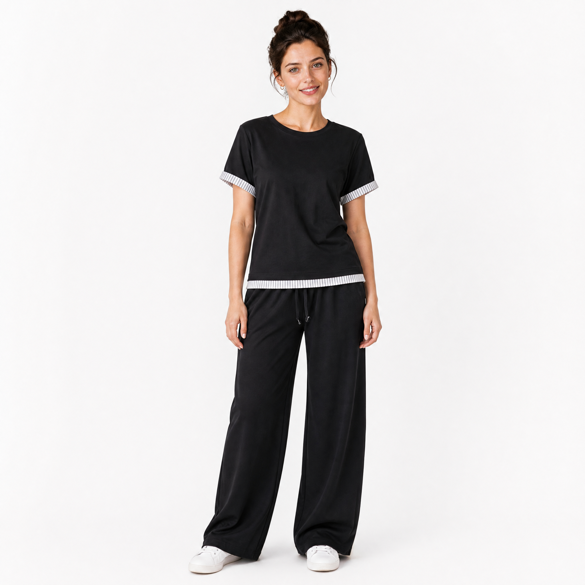 Black t-shirt and wide leg trouser set with striped trim