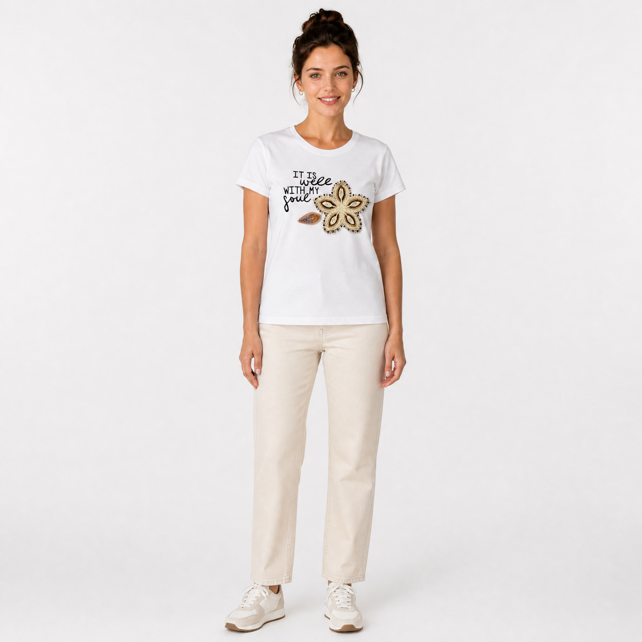 White It Is Well With My Soul slogan t-shirt with beaded flower applique