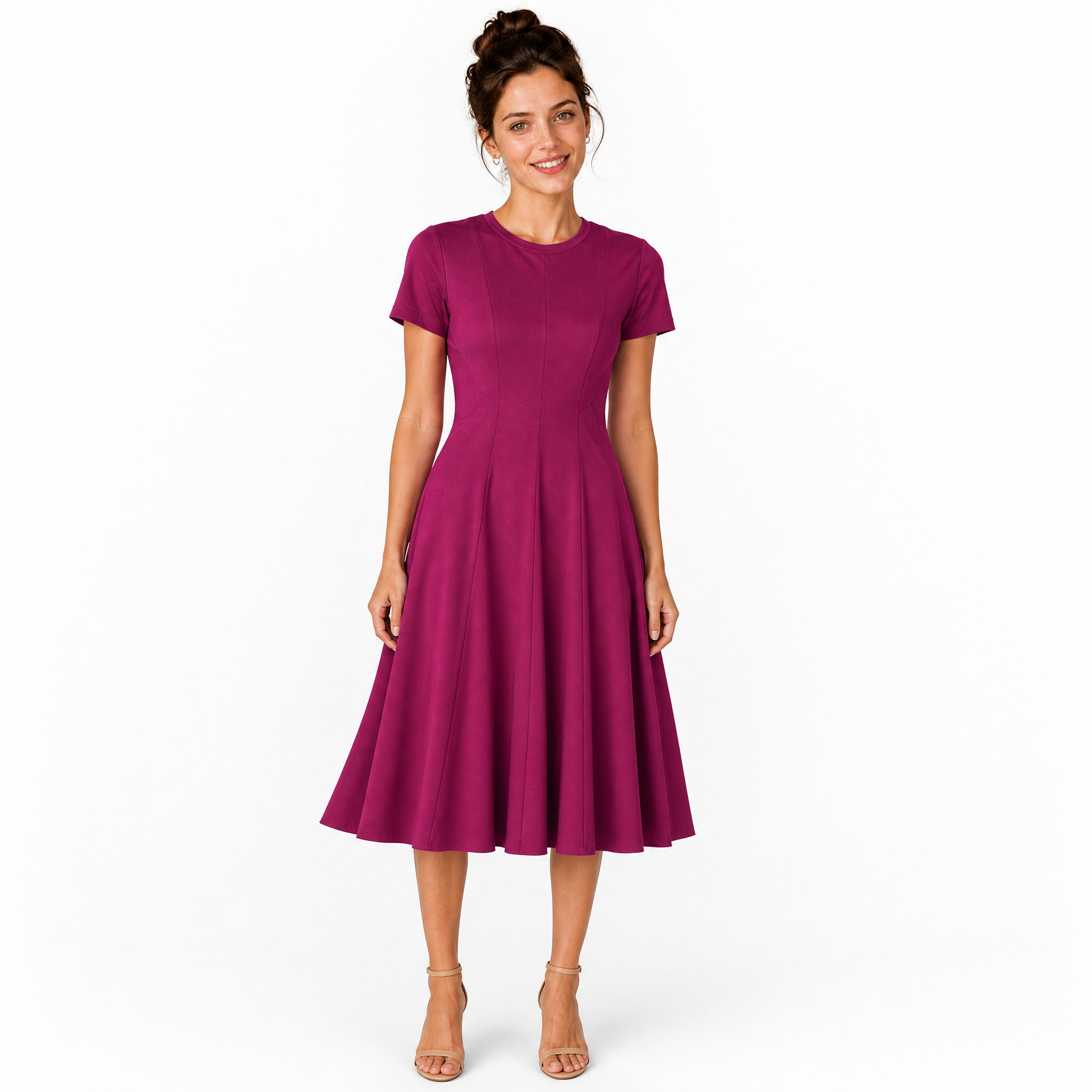 Berry fit and flare midi dress with short sleeves