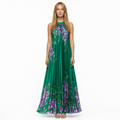 Green pleated chiffon maxi dress with purple iris floral print and halter neck