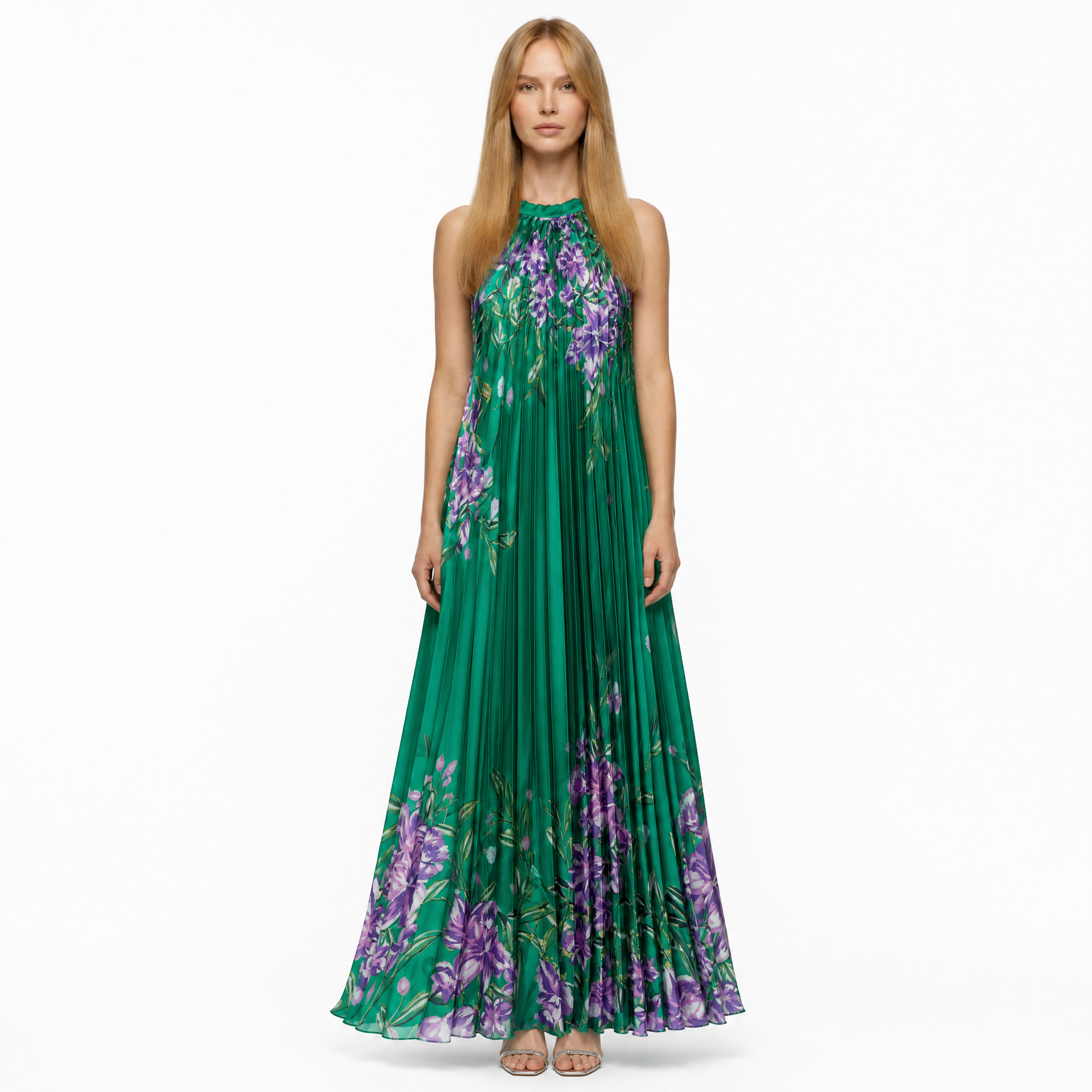 Green pleated chiffon maxi dress with purple iris floral print and halter neck