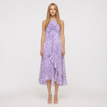 Purple leopard print ruffle halter midi dress with high-low hem