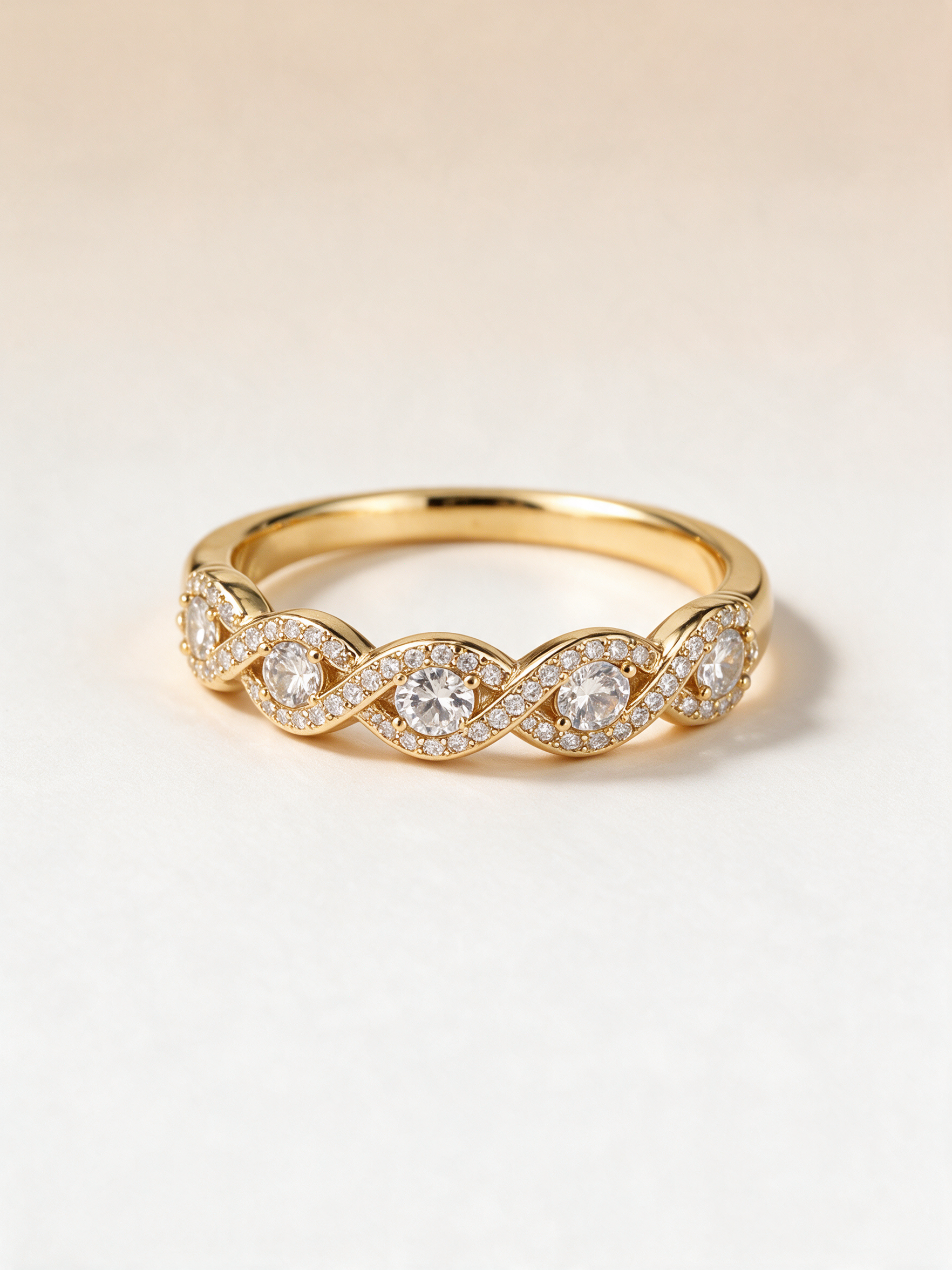 Gold twisted crystal half eternity band ring