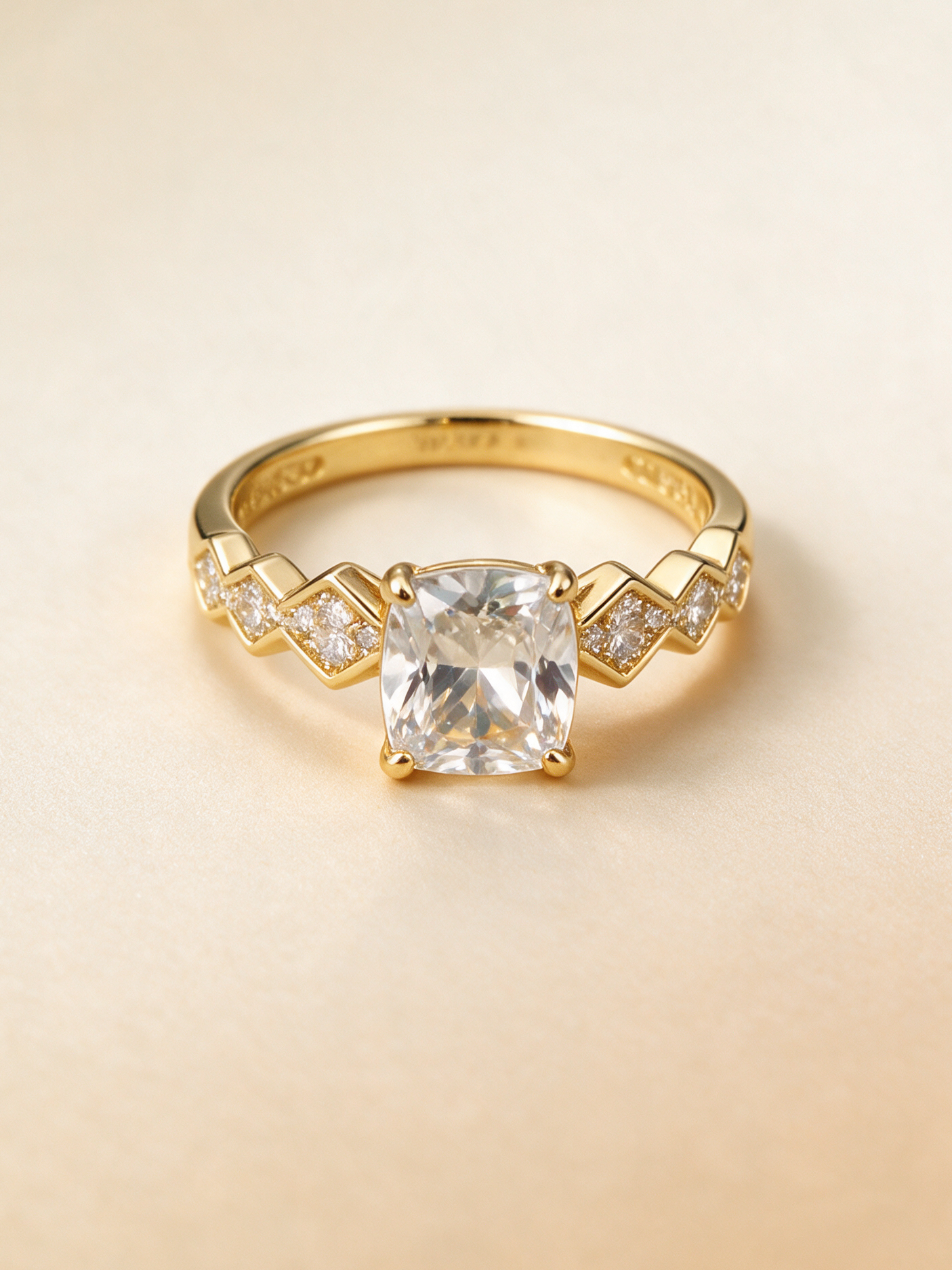 Gold cushion cut crystal solitaire ring