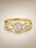 Gold crossover pave crystal solitaire ring