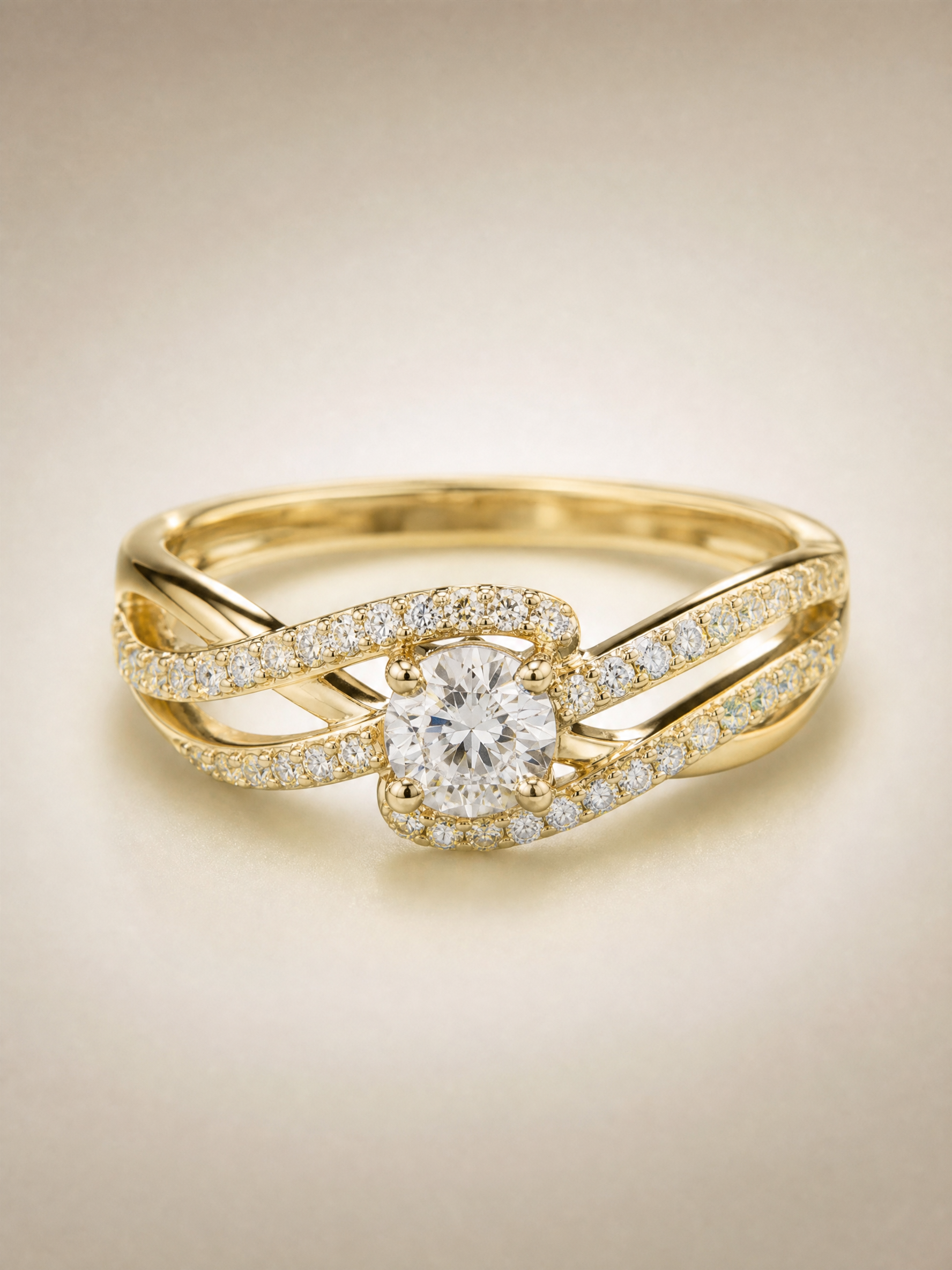 Gold crossover pave crystal solitaire ring
