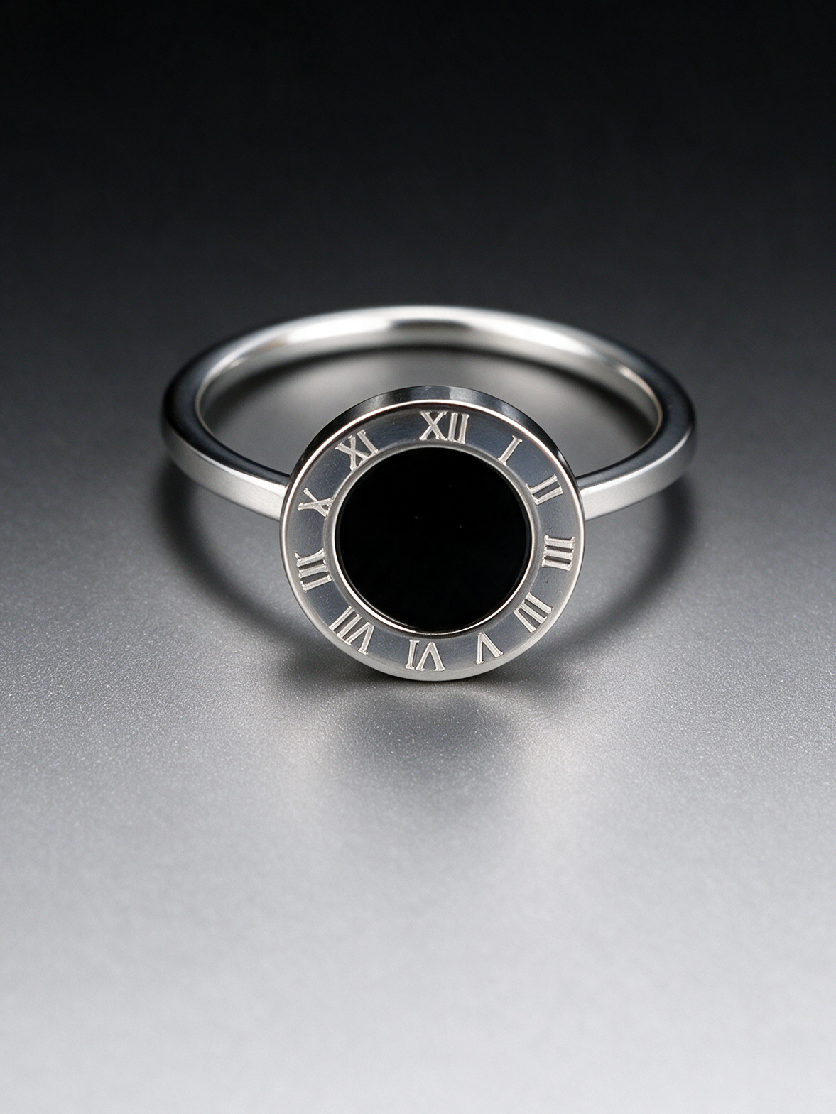Silver black roman numeral disc ring