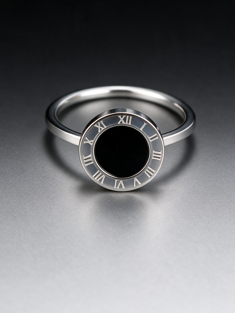 Silver black roman numeral disc ring