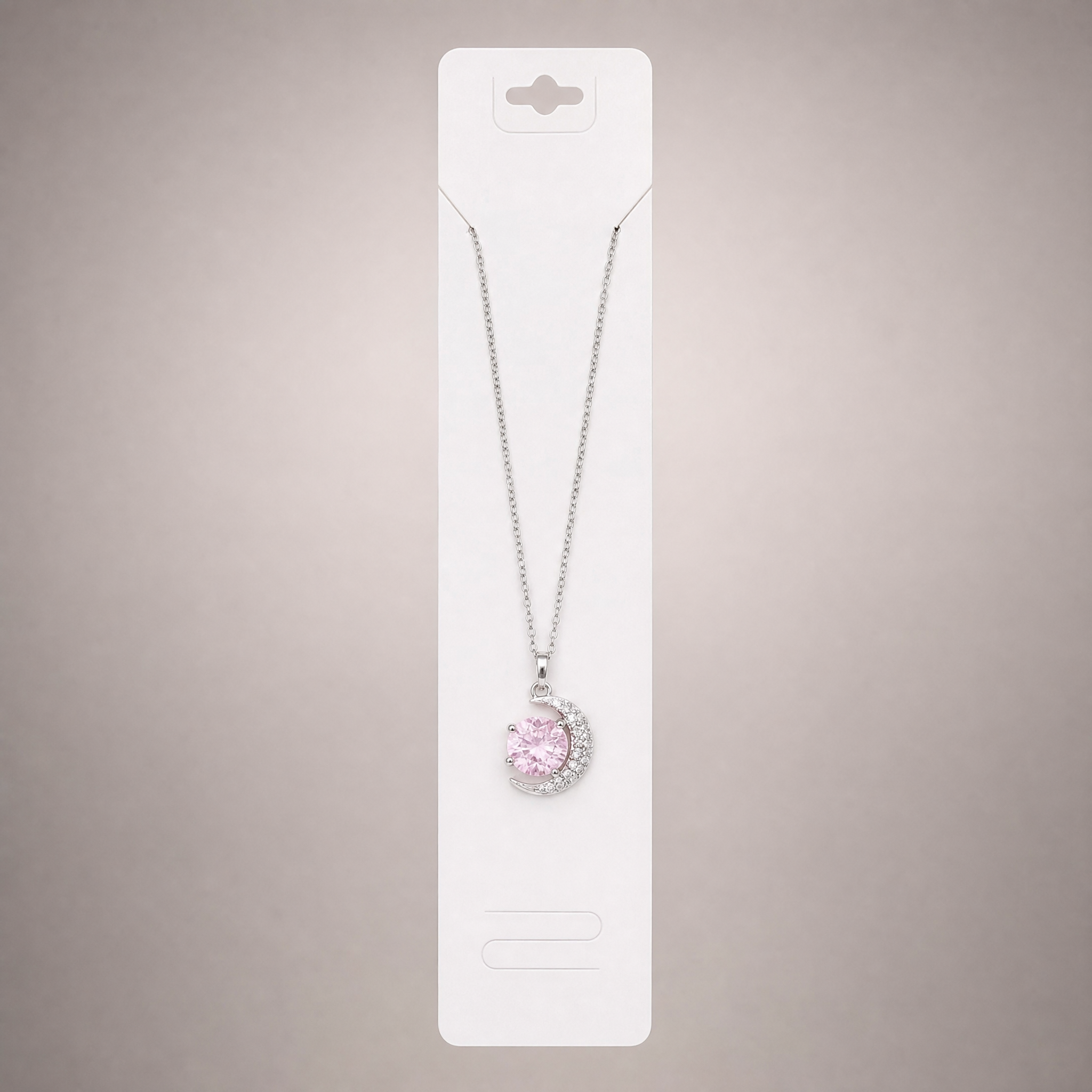 Silver tone pink crystal crescent halo pendant necklace