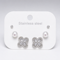 Silver tone 3-pair stud earring set with ball, pearl & crystal clover studs