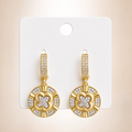 Gold tone pave crystal clover medallion drop earrings