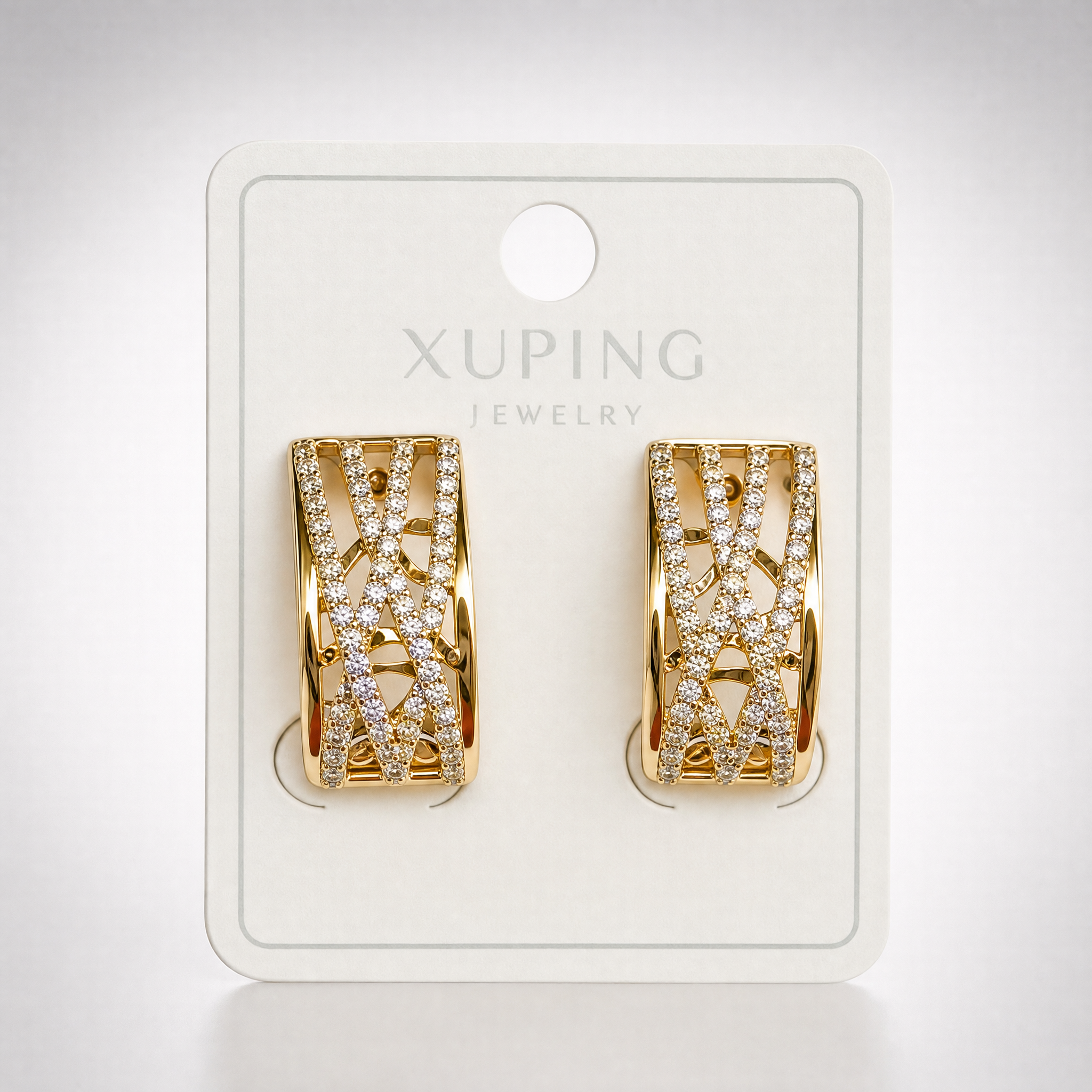 Gold tone wide crystal openwork huggie hoop earrings