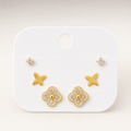 Gold tone 3-pair stud earring set with crystal, butterfly & clover studs