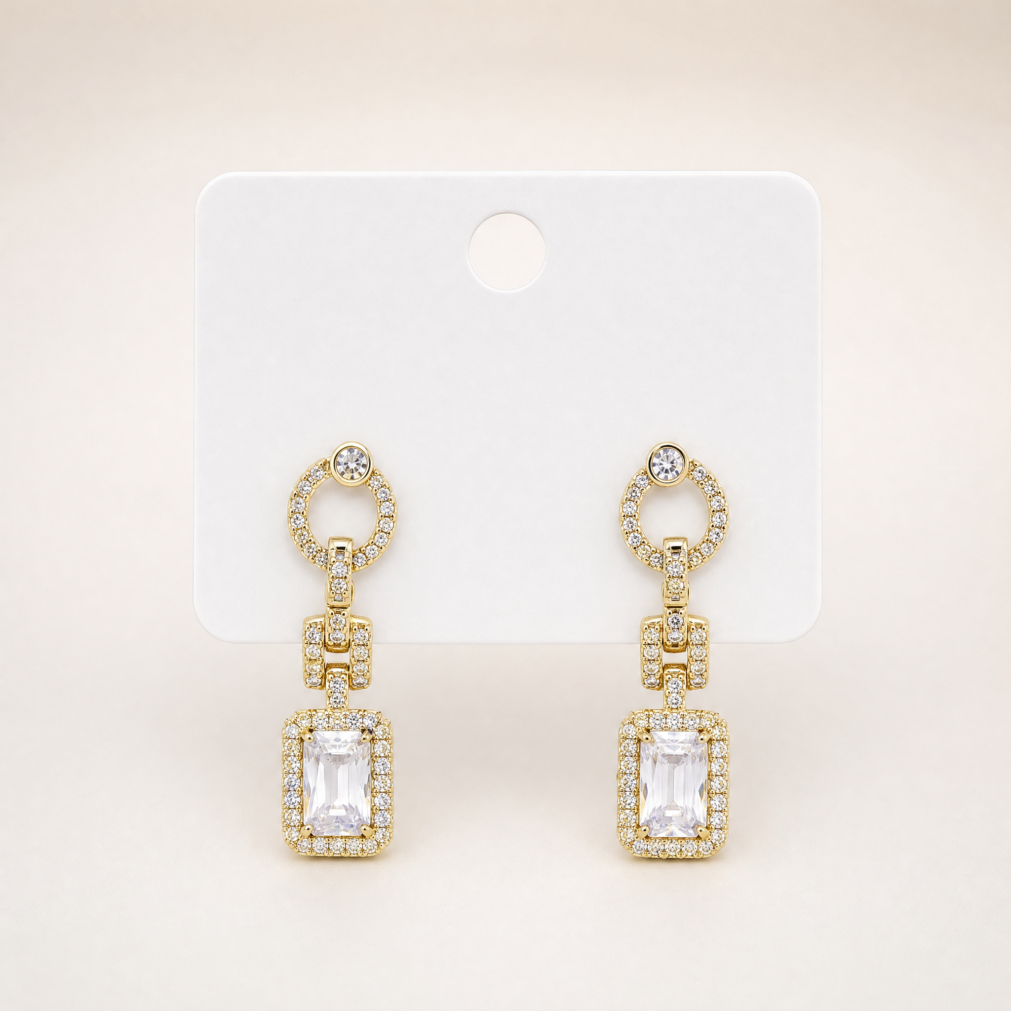 Gold tone emerald cut crystal halo drop earrings