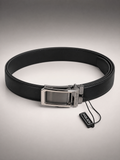 Police black leather belt with polished silver plaque buckle