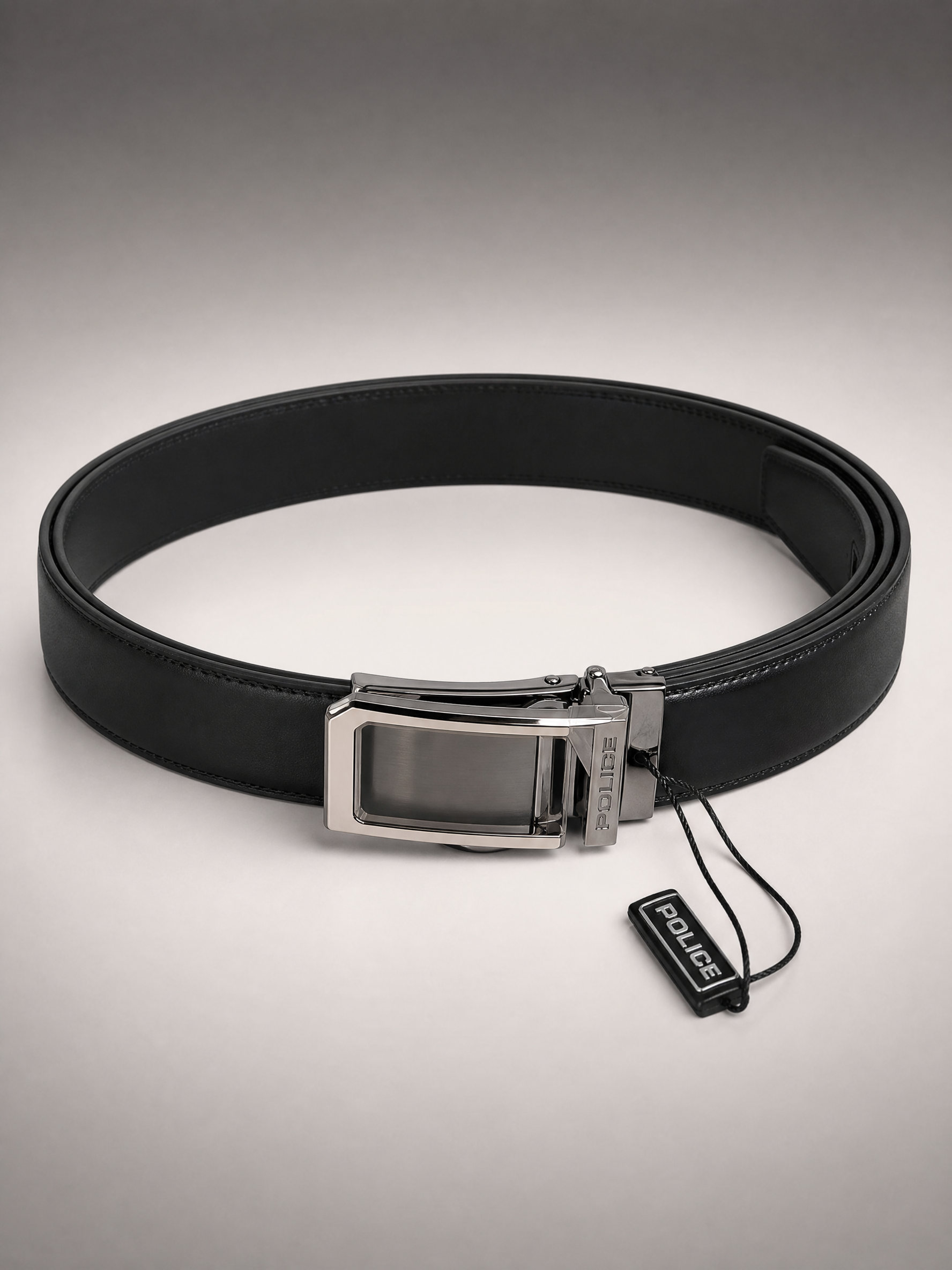 Police black leather belt with polished silver plaque buckle