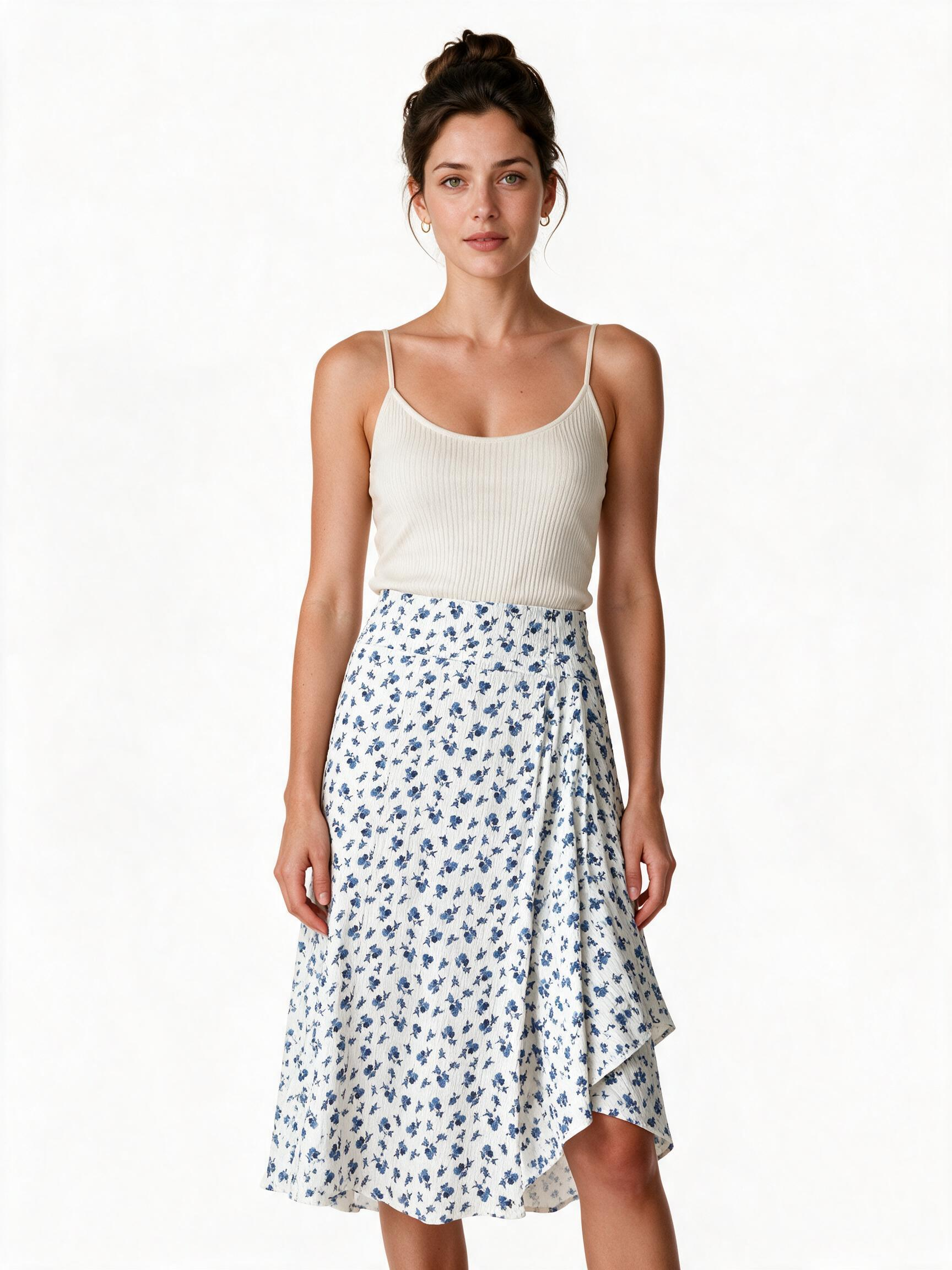 White and blue floral pleated midi skirt