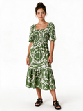 Green and cream abstract print shirred midi dress