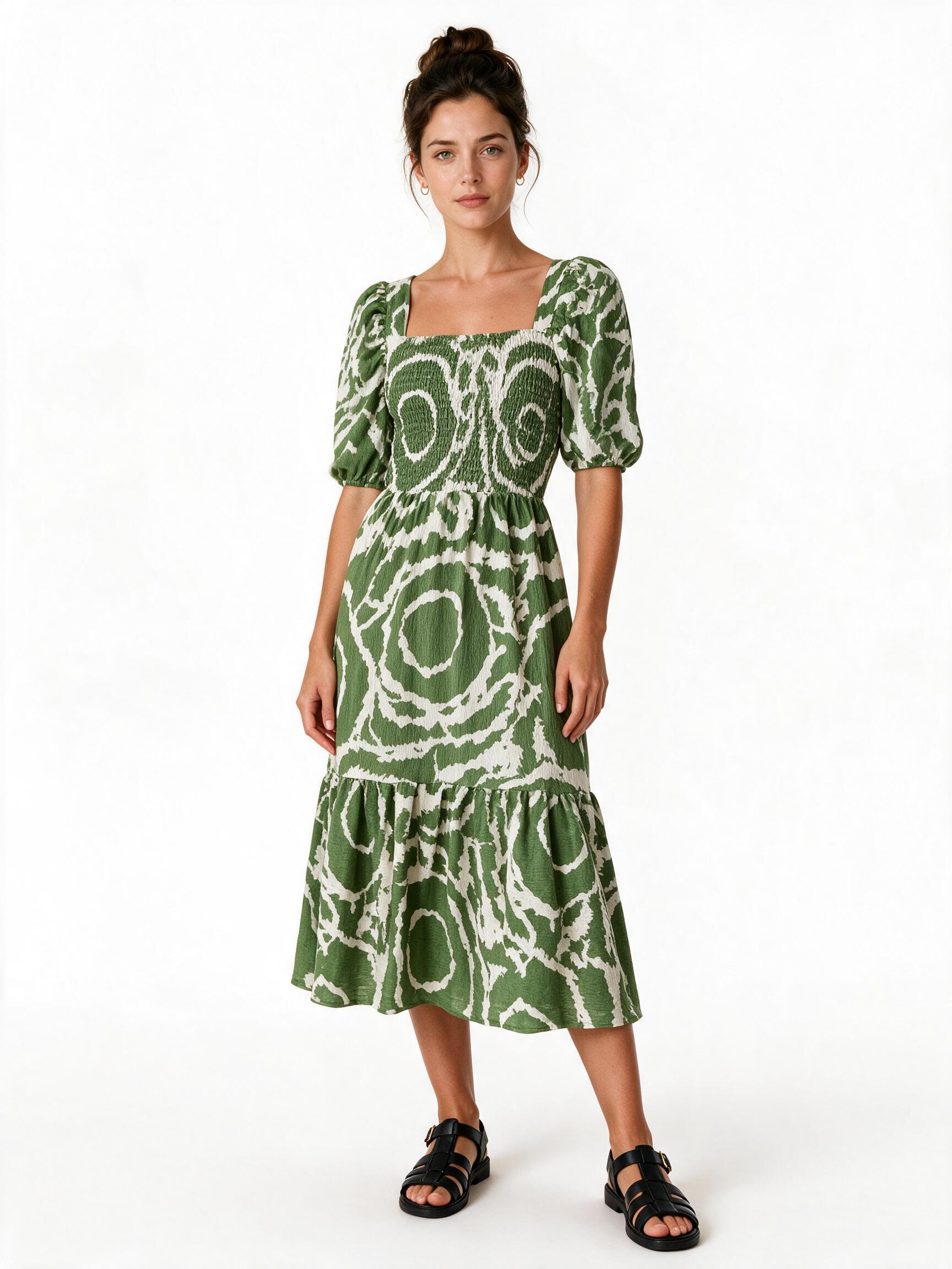 Green and cream abstract print shirred midi dress
