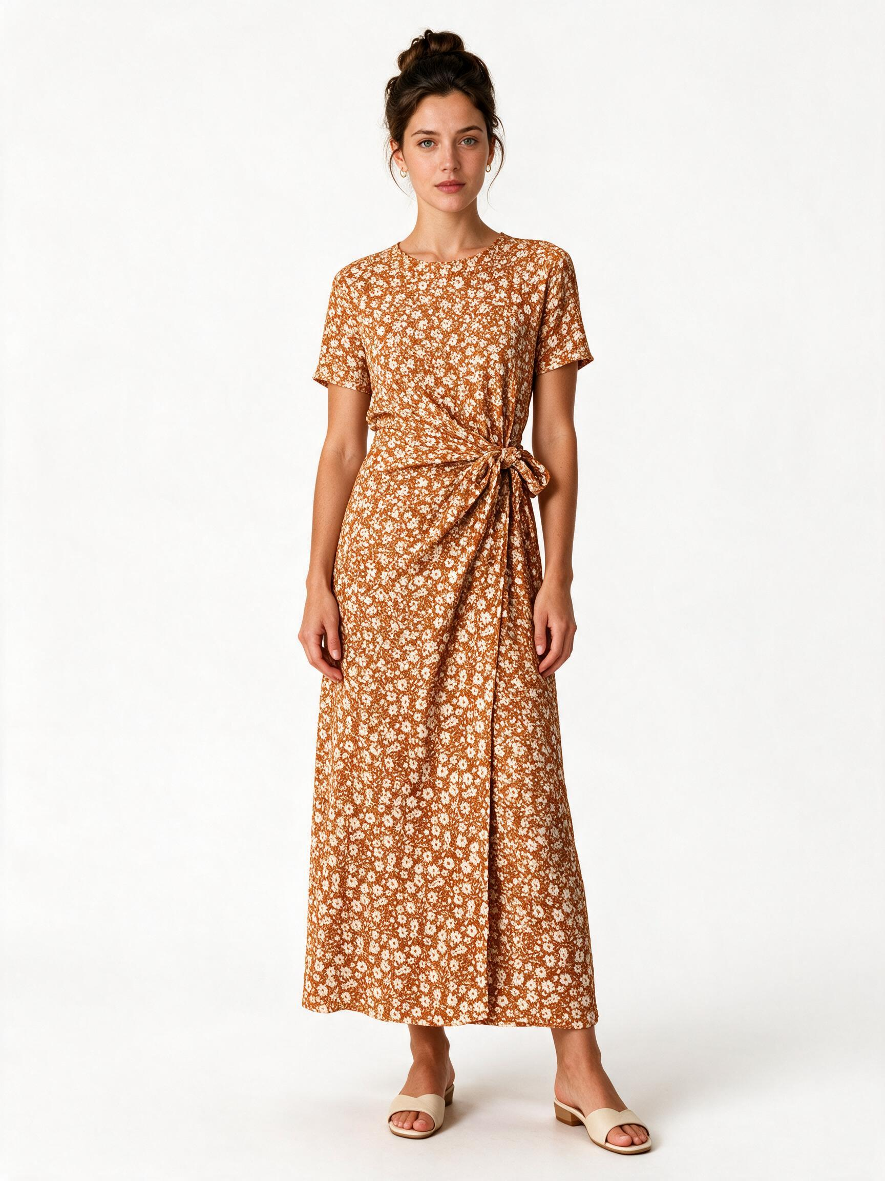 Rust daisy floral wrap maxi dress