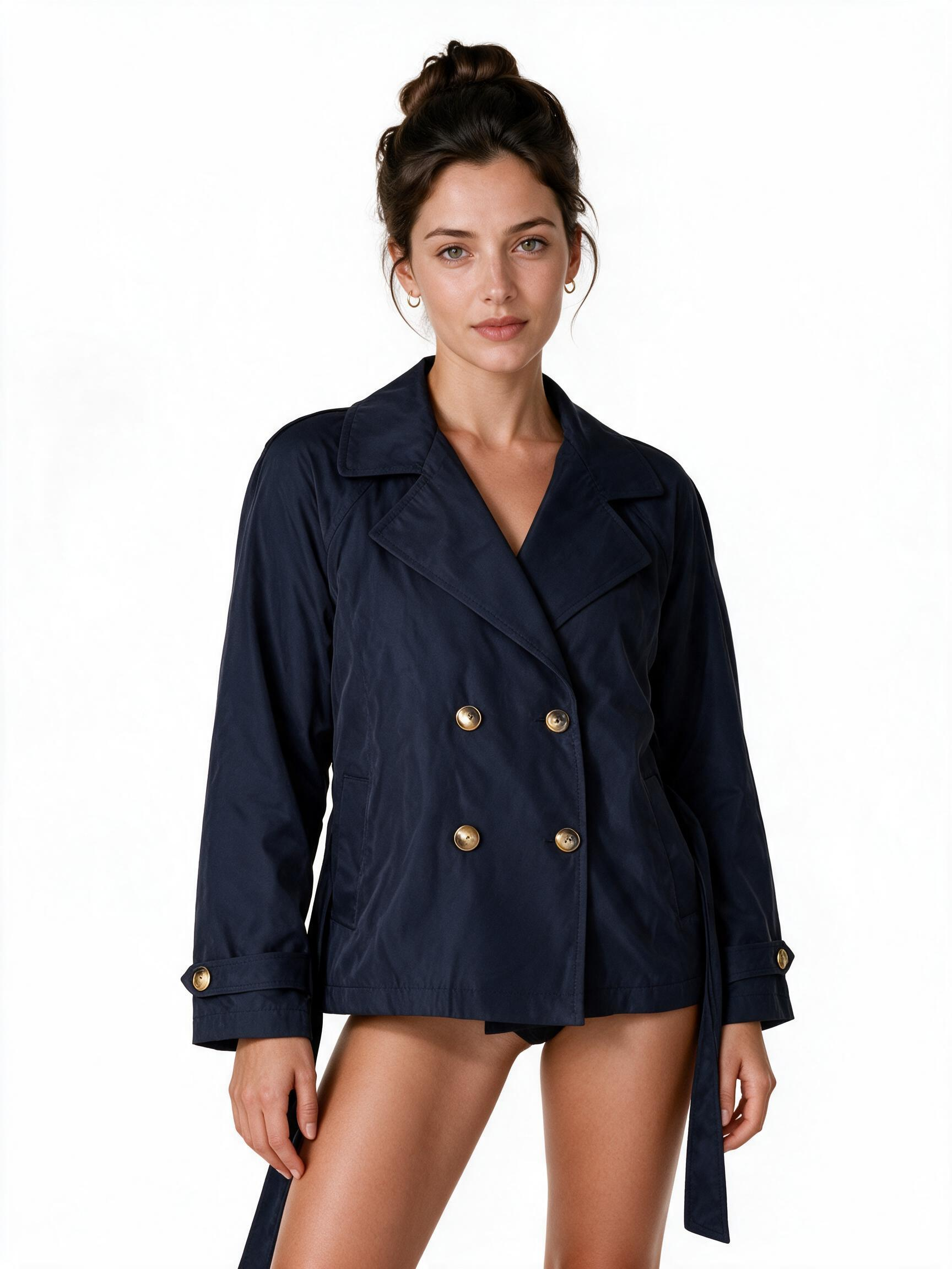 Navy double-breasted cropped trench jacket with belt