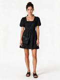 Black textured puff sleeve skater dress with matching shoulder pouch