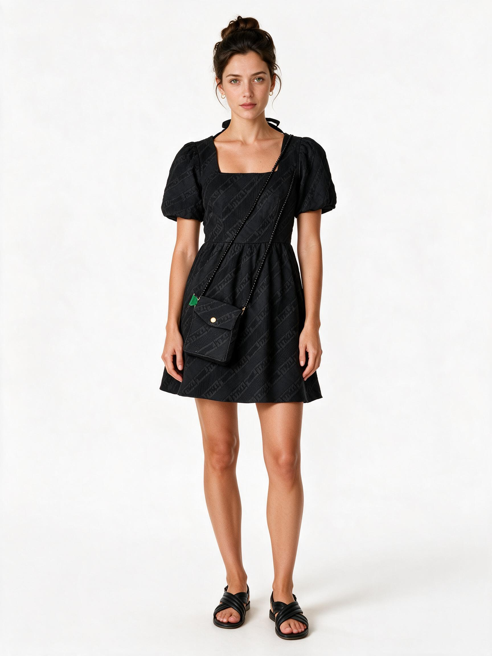 Black textured puff sleeve skater dress with matching shoulder pouch