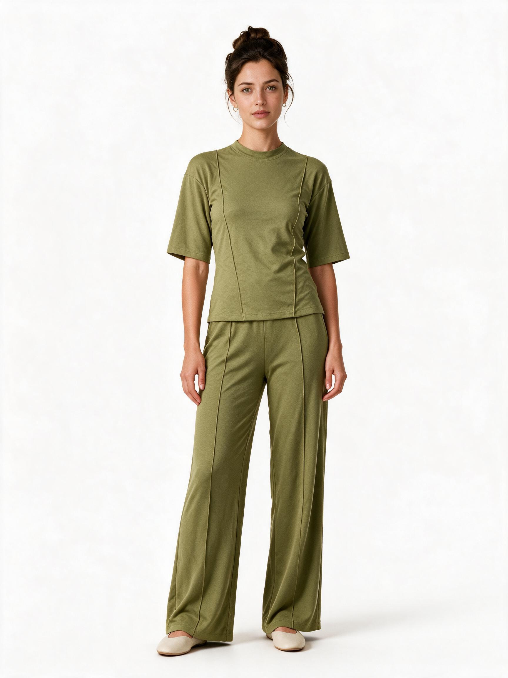 Olive green top and wide-leg trouser set