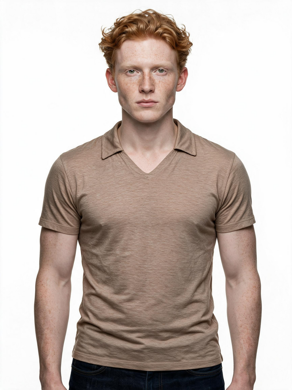 Mast Italian-made beige open collar polo top