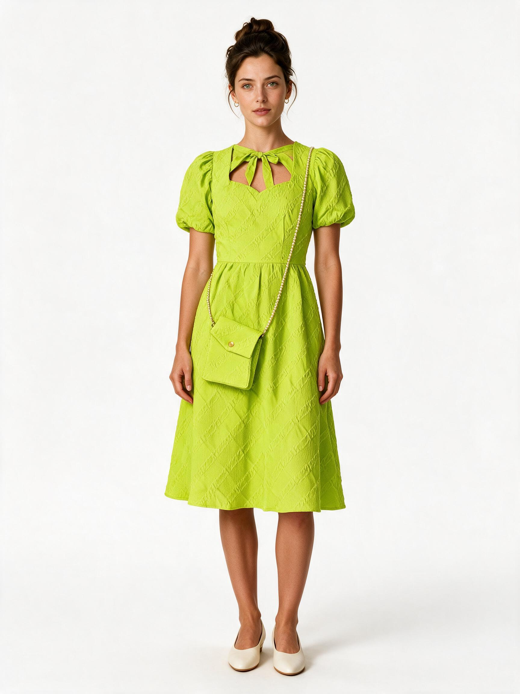 Neon yellow textured puff sleeve dress with matching shoulder pouch