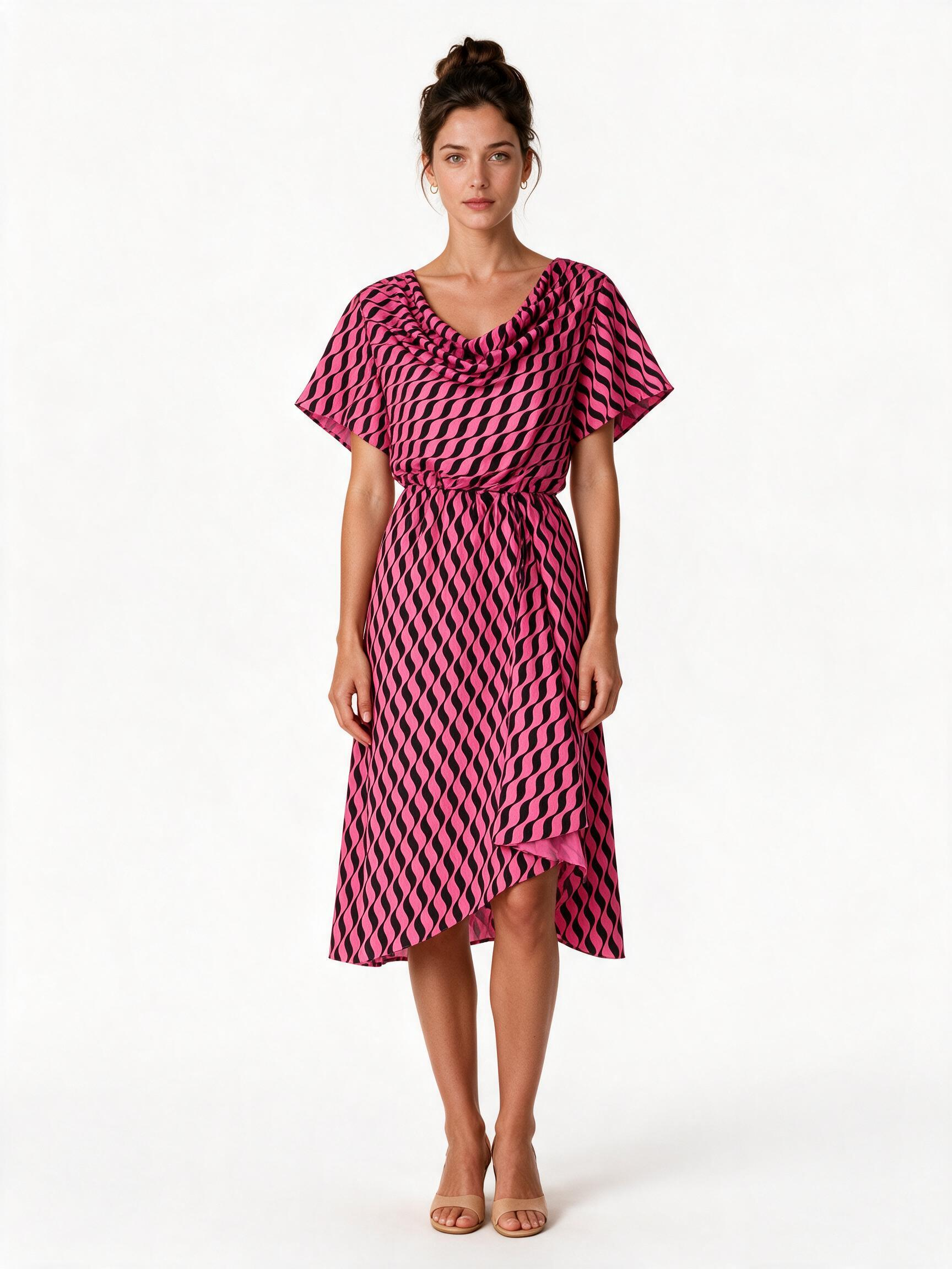 Pink and black geometric print midi dress