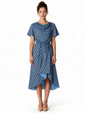 Blue and black geometric print midi dress