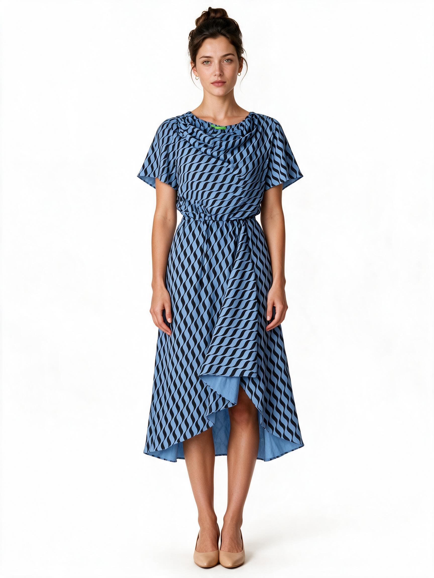Blue and black geometric print midi dress