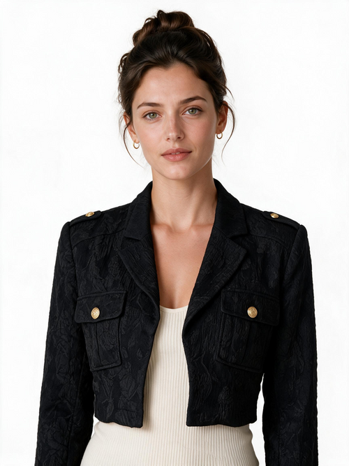 Black textured cropped jacket with gold-tone buttons