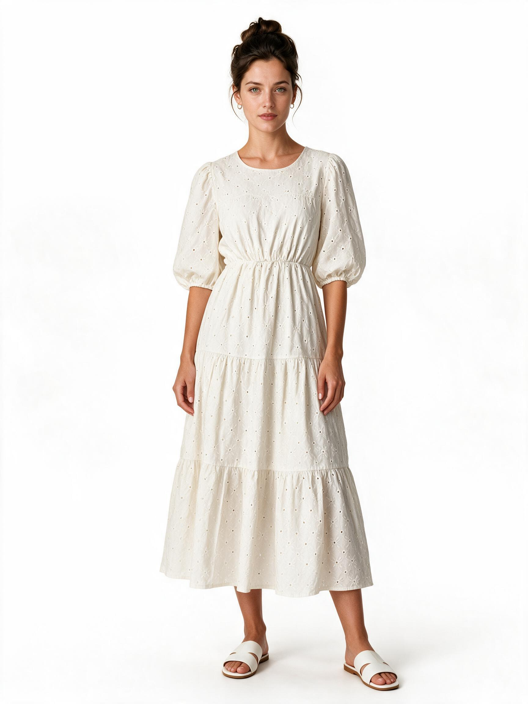 Cream broderie anglaise tiered maxi dress with belt